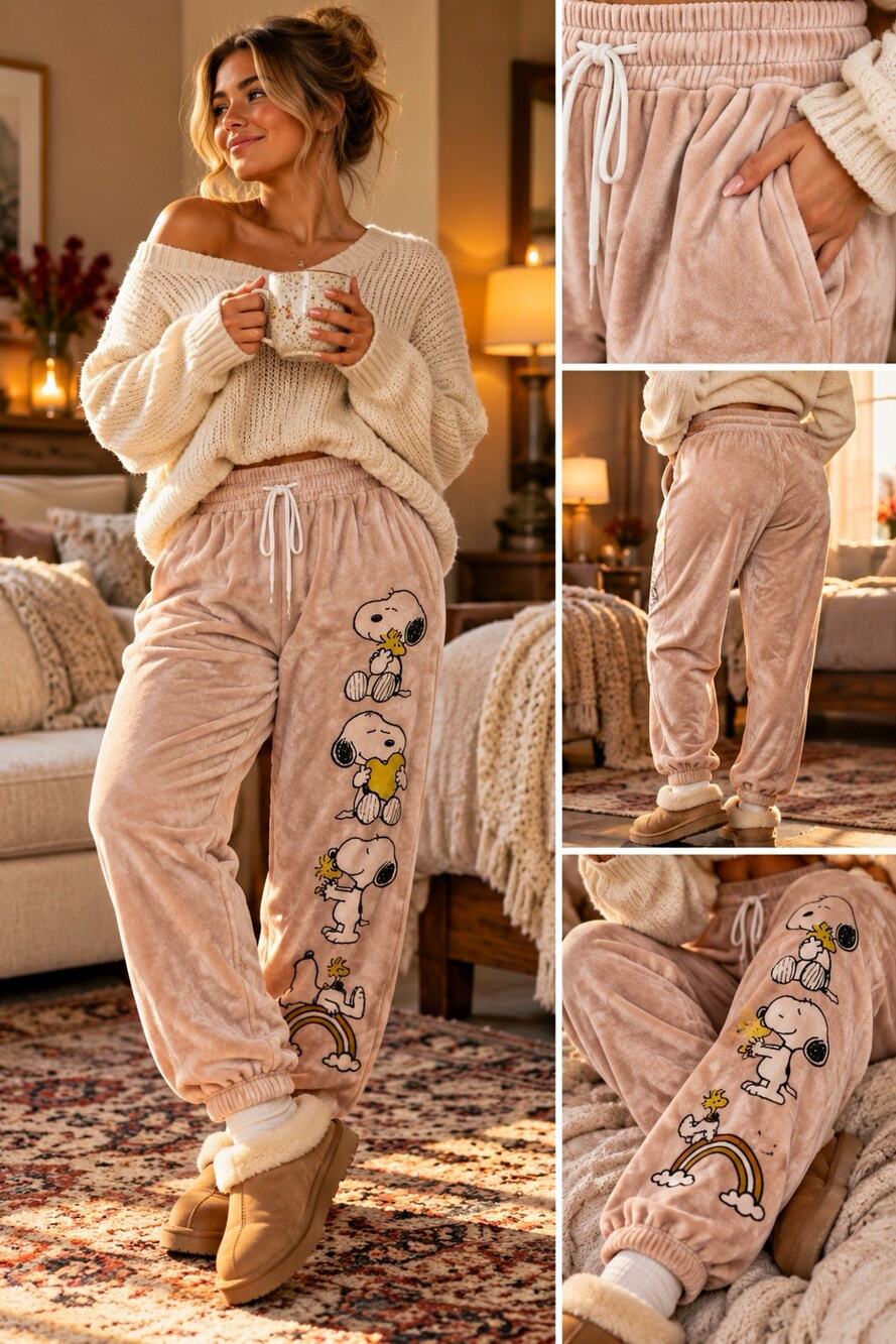 Peanuts Snoopy Woodstock Beige Pink tie-Dye Graphic Jogger Pants Pockets L